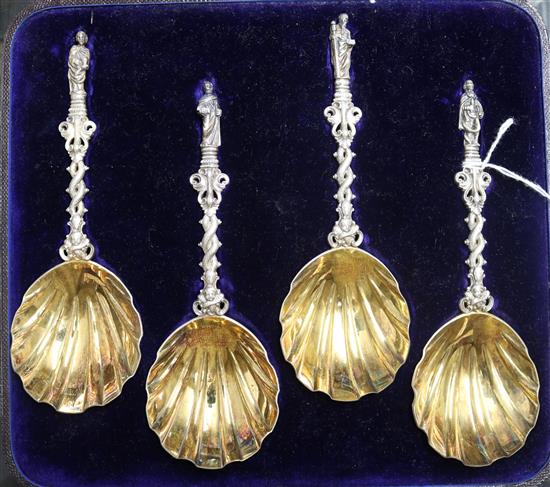 A cased set of four late Victorian parcel silver gilt apostle spoons by Francis Higgins III, London, 1888, 6.7 oz.